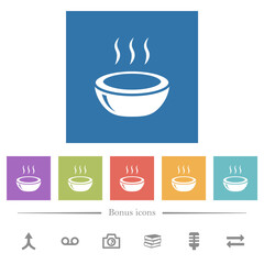 Glossy steaming bowl flat white icons in square backgrounds