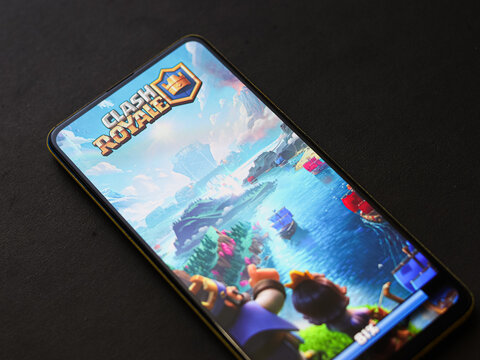 Assam, india - October 11, 2020 : Clash royale logo on phone screen stock image.
