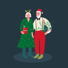 Christmas card with an elderly couple. A grandparent with a winter bouquet and gifts.  New Year's Eve preparation. Vector flat illustration