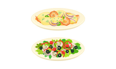 Served on Plate Dish with Green Vegetable Salad and Potato with Shrimp Vector Set