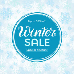 Winter sale banner. Design element for discount promotions. Blue snowy background. Vector illustration. 