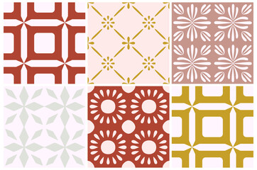 Tile portugal flower seamless pattern. Dusty rose color geometric background. Traditional azulejo repeat ornament. Vector monochrome pattern.Abstract vintage print for fabric,packaging.Scrapbook paper