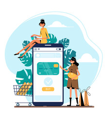 Business series, online shop -modern flat vector illustration concept of women shopping. Website interaction - purchase process. Creative landing page design template.
