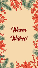 Vertical colorful Autumn design with leaves, fir tree branches and berries. Hand drawn vector illustration. Warm wishes