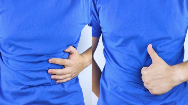 Before and after abdominal pain. On the left is a photo of how the person is hurt stomach, and on the right, that everything is fine for him and the abdominal cavity does not hurt anymore. Spasms