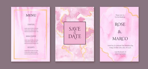 Fototapeta na wymiar Wedding cards set, Save the Date luxury design. Watercolor pink, lilac, texture card, poster, background.