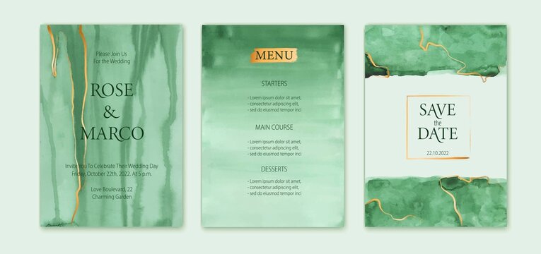 Wedding cards set, Save the Date luxury design. Watercolor emerald texture card, background. Golden ink, marble