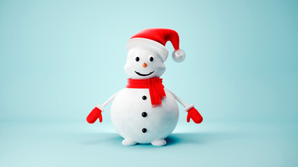 Cute Snowman in Santa Claus hat on light pastel background - 3D, render. Christmas and New Year symbol with gifts and candy. Greeting card, banner, template with copy space.