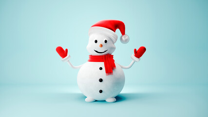 Cute Snowman in Santa Claus hat on light pastel background - 3D, render. Christmas and New Year symbol with gifts and candy. Greeting card, banner, template with copy space.