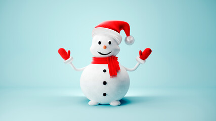 Cute Snowman in Santa Claus hat on light pastel background - 3D, render. Christmas and New Year symbol with gifts and candy. Greeting card, banner, template with copy space.