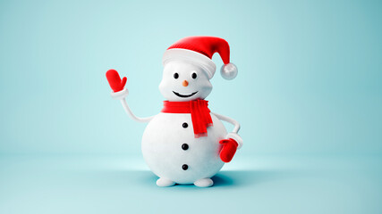 Cute Snowman in Santa Claus hat on light pastel background - 3D, render. Christmas and New Year symbol with gifts and candy. Greeting card, banner, template with copy space.