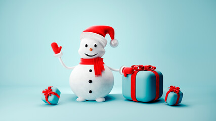 Cute Snowman in Santa Claus hat on light pastel background - 3D, render. Christmas and New Year symbol with gifts and candy. Greeting card, banner, template with copy space.