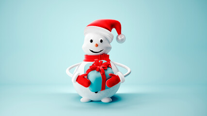 Cute Snowman in Santa Claus hat on light pastel background - 3D, render. Christmas and New Year symbol with gifts and candy. Greeting card, banner, template with copy space.