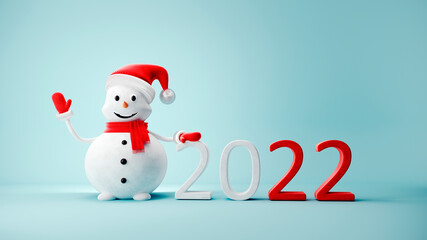 Fototapeta na wymiar Cute Snowman in Santa Claus hat on light pastel background - 3D, render. Christmas and New Year symbol with gifts and candy. Greeting card, banner, template with copy space.