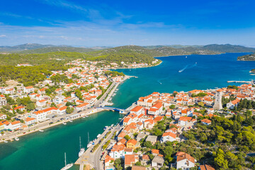 Naklejka na ściany i meble Town of Tisno on the island of Murter, Dalmatia, Croatia, aerial panoramic view