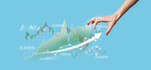 Businessman in hand hold banking business finance graph and invest in stock market investment point,economic growth and investor concept.analysis virtual stock market chart,analyze by use technology