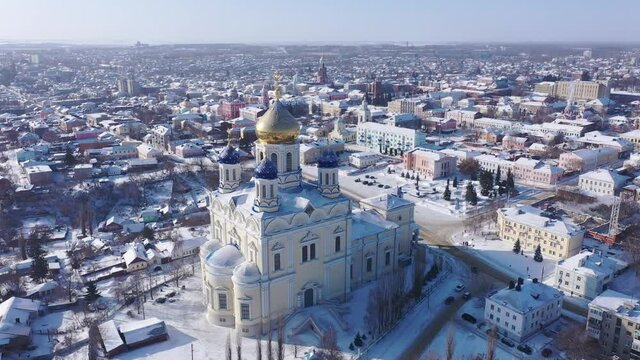 Top view of winter residential areas and Ascension Cathedral located in historical center of the city of Yelets, Russia. 