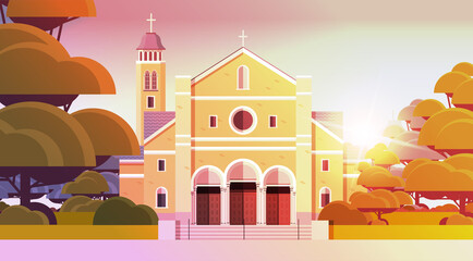 contemporary facade of catholic church architecture christian religion culture concept horizontal