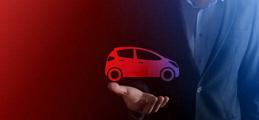 Digital composite of Man holding car icon.Car automobile insurance and car services concept....