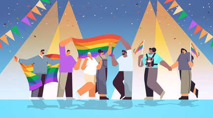 mix race people celebrating lesbian gay pride festival transgender love LGBT community concept - obrazy, fototapety, plakaty