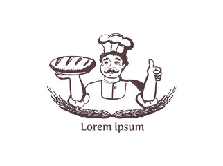 Baker portrait with bread showing thumbs up, bakery label