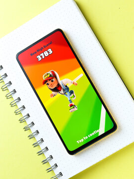 Assam, india - October 11, 2020 : subway surfers logo on phone screen stock image.