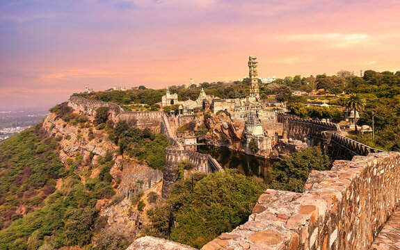 Historic Chittorgarh Fort Rajasthan at sunset. Chittor Fort is a UNESCO World Heritage site and one of the largest forts in India.