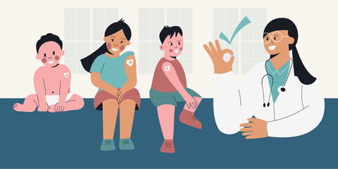 Vaccine for children Kids after vaccination with nurse. Little girl and boy with plaster on shoulder from injection. Vaccinated baby. Medicine and healthcare for toddlers. Vector illustration, banner