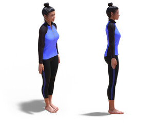 Front three-quarters and Right Profile Poses of a 3D Woman with Sport Outfit in Yoga Mountain Pose on white