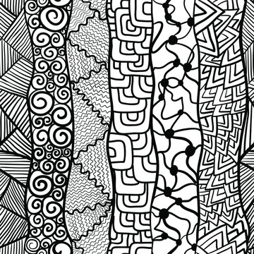 Black-white vertical zentangle, doodle seamless pattern. Abstract background.