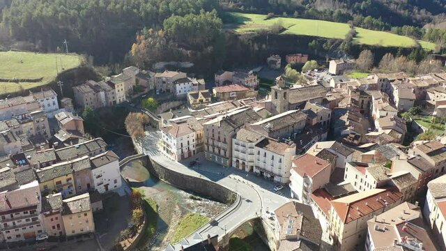 Landscape of residential part of La Pobla de Lillet . Shooting with drone from sky