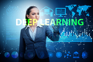 Deep learning concept with businessman pressing button