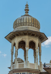 Fototapeta premium Amazing view of memorial grounds to Maharaja Sawai Mansingh II and family constructed of marble. Gatore Ki Chhatriyan, Jaipur, Rajasthan, India.