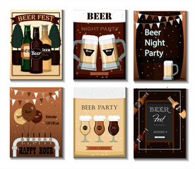 A set of vector flyers for a beer party, festival or advertising. Flat illustration with beer mugs, beer bottles, glasses and holiday decorations Ads for Oktoberfest, holiday, or images for a