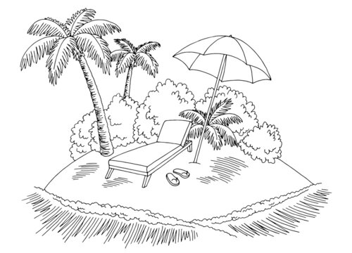 Vacation island beach graphic black white isolated landscape sketch illustration vector