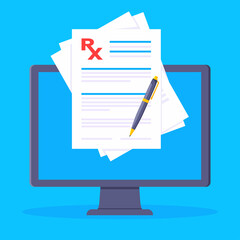 Medical rx form prescription popped up on PC screen with paper sheet flat style design vector illustration. Rx form application medical prescription concept.