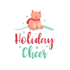 Christmas logotype or insignia. Cute cartoon cat. Holiday cheer.