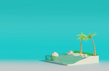 3D rendering. Two palm trees with green leaves on a piece of an island with grass, white sand, large stones and a turquoise sea on a blue background. On the left is a place for an inscription.