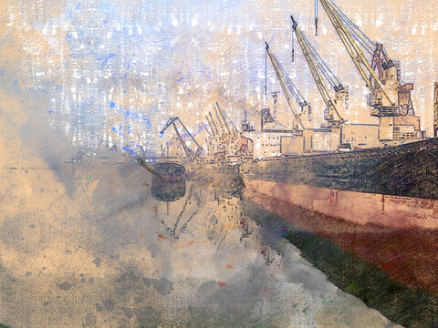 View from the water at the seaport. Vessels moored to berths. Loading and unloading work. Marine transport. Logistics, trade, business. Digital watercolor painting.