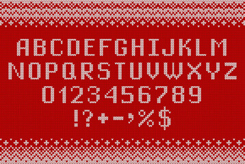 Knitted letters, numbers, symbols and ornaments for Christmas design.