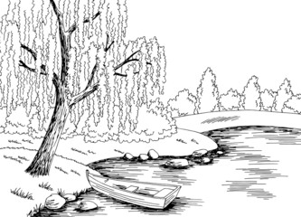Lake boat graphic black white landscape sketch illustration vector