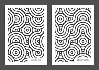 Creative waves lines poster templates. Asian minimal ornaments for banners, brochures, flyers. Geometric business japanese pattern background. Asian abstract design cover backgrounds. Vector japan set