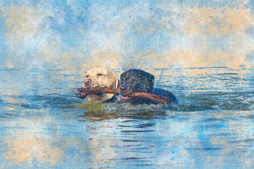 Black and white dogs swimming holding a branch with their teeth. A female Rottweiler and a cream-colored male Labrador. Pets. Digital watercolor painting.