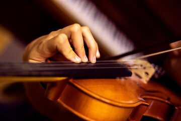 left hand of a young violinist presses the strings on the violin neck, horizontal.