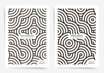 Monochrome geometric poster templates. Minimal wavy back and white ornaments for banners, brochures, flyers. Geometric business japanese pattern background. Asian abstract design cover backgrounds.