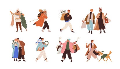 Merry people with Christmas gifts in boxes and shopping bags for winter holidays. Men and women carry New Year presents and Xmas trees in December. Flat graphic vector illustrations isolated on white