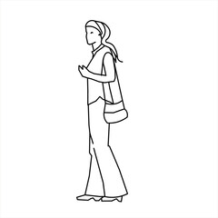 Vector design of sketch of a young woman walking with a long bag