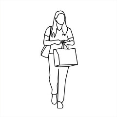 Vector design of sketch of a teenage girl walking while carrying a grocery bag