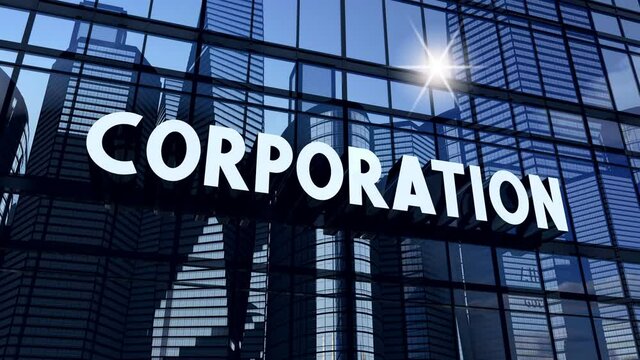 Corporation typographical concept - office building and sun reflection. 3D 4k animation (3840 x 2160 px). 
