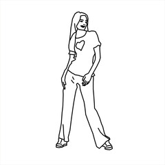 Vector design sketch of a teenage girl wearing a love dress